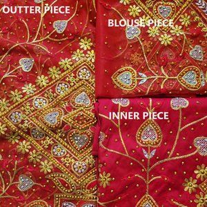 Red Net & Taffeta George Wrapper with Gold Rhinestone 3 Piece, 6 Yards Total